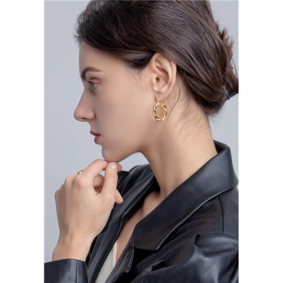 Twisited Gold Chunky Hoop Earrings For Women 14K Gold Plated High Polished - Picture 10 of 14